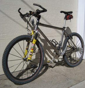 The mighty DBR Axis TT, which dates to 1994 or thereabouts. Greatly enhanced with a rebuilt fork from HippieTech and various other aftermarket items.