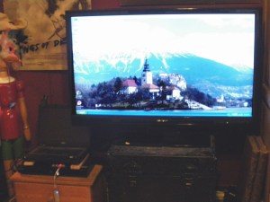 The Pelkey media center: A Dell Inspiron 8130 laptop married to a 46-inch Sharp LC-46SB54U, run via 802.11g wireless and Microsoft wireless keyboard and mouse.