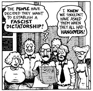 A constitutional convention goes awry in Gilbert Shelton\'s "Wonder Wart-Hog and the Nurds of November."