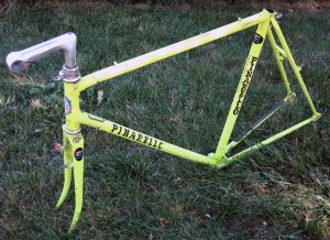The old Pinarello ’cross bike. It went from me to Dr. Schenkenstein, who eventually cracked the top tube doing something manly.
