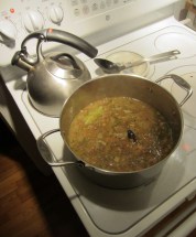 A delicious pot of pintos with chipotle and other good stuff, including (of course) bacon.