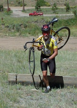 Your Humble Narrator, enjoying a brisk workout on his private cyclo-cross course back in the day when he could still squeeze into a skinsuit without a tire iron and some lubricant.