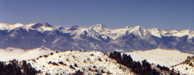 The Sangre de Cristos as seen from the deck of Chez Dog outside Weirdcliffe, in Crusty County.