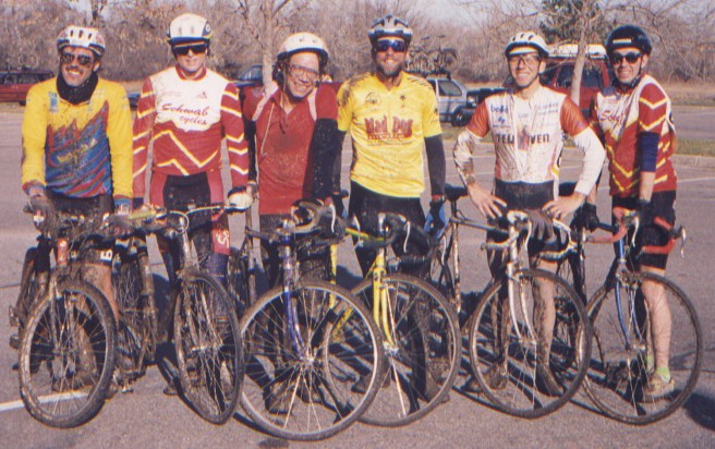 That old cyclo-crossin' gang of mine, following a 1990s race in Fort Collins.