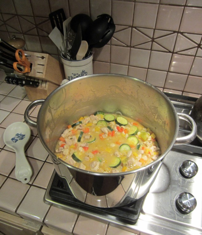 The Posole Variations. This one uses chicken thighs, red and yellow bell peppers, tomatillos and other good things. No hot rats were harmed in the making of this stew.