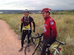 Dennis the Menace and Dr. Schenkenstein take the long view atop Bear Creek East, a once-active cyclo-cross venue.