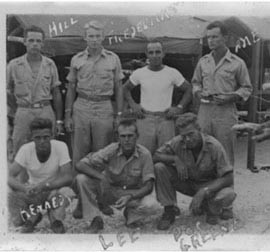 The old man (back row, right) in one of his earliest temporary billets, in New Guinea during World War II.