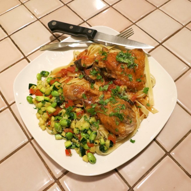Chicken cacciatore and a side of stir-fried succotash with edamame.